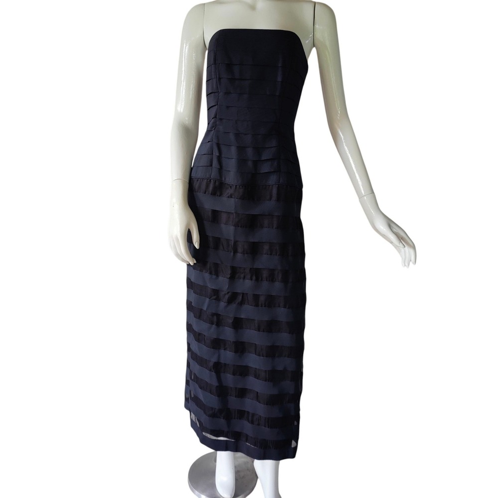 VTG 90s Silk Tiered Column Dress Grosgrain Ribbon Strapless Black Formal Gown 6